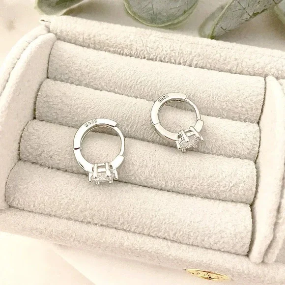 925 Sterling Silver Diamond Huggie Hoop Earrings Silver Huggie Earrings - Picture 6 of 6